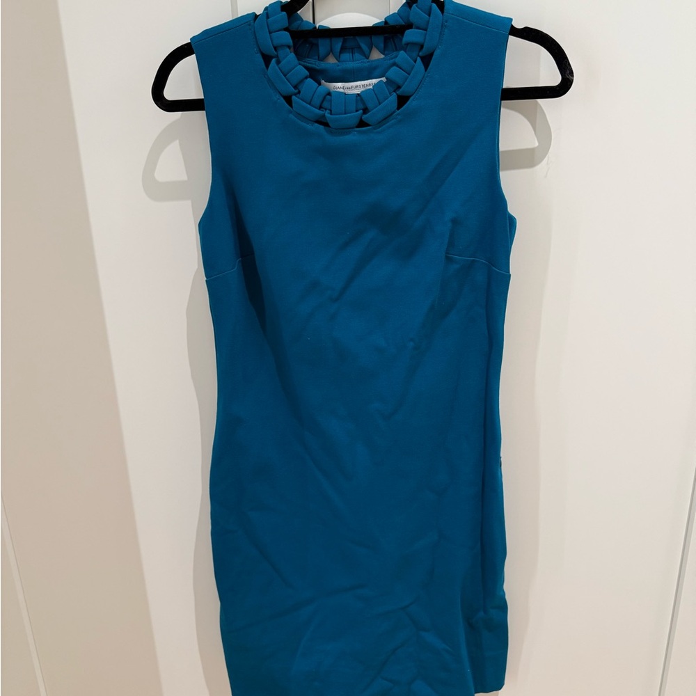 Diane Von Furstenberg Teal Sheath Dress with Braided Neckline